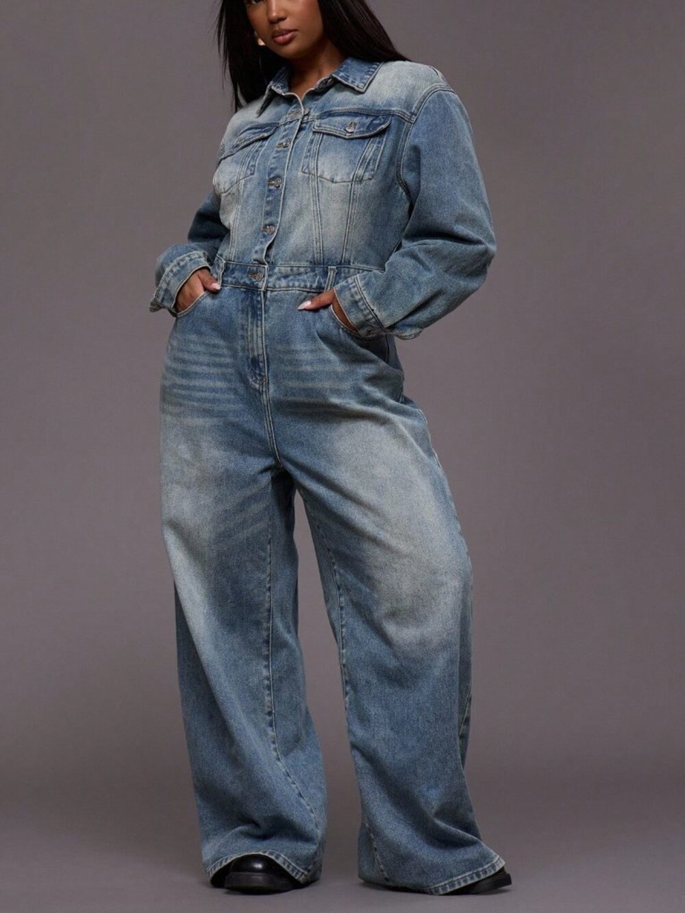 Blue Casual Women's Washed Denim Wide Leg Boiler Jumpsuit